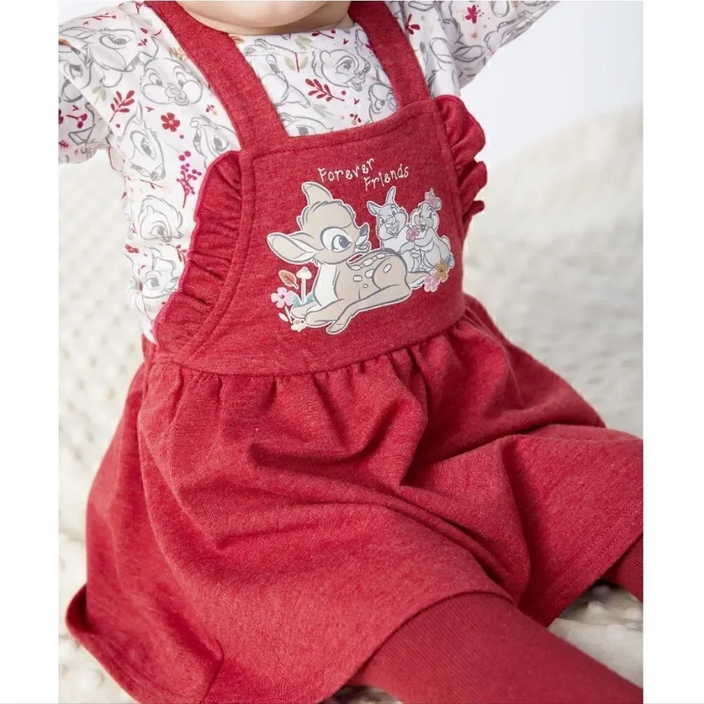 Nwt Disney Bambi Baby Girls Pinafore Dress, Top withLong Sleeves and Tights Set
